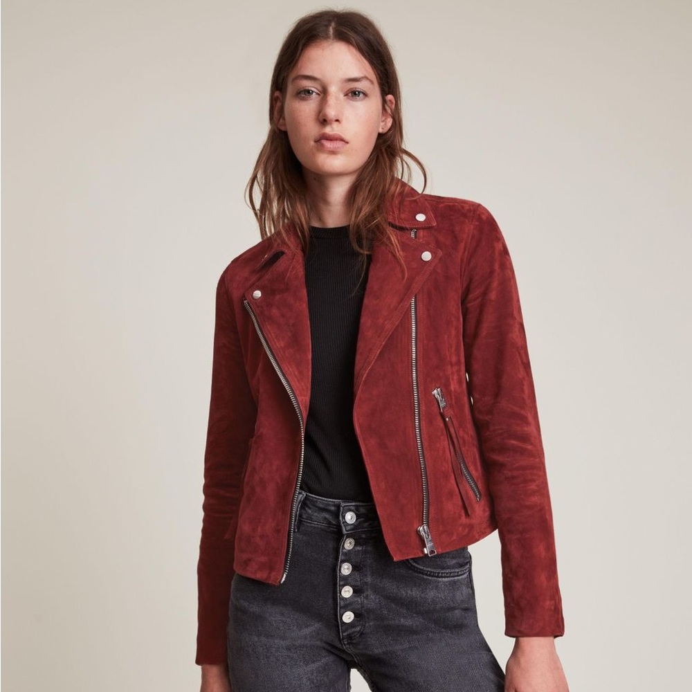 AllSaints Women's Suede Motorcycle Jacket in Deep Red
